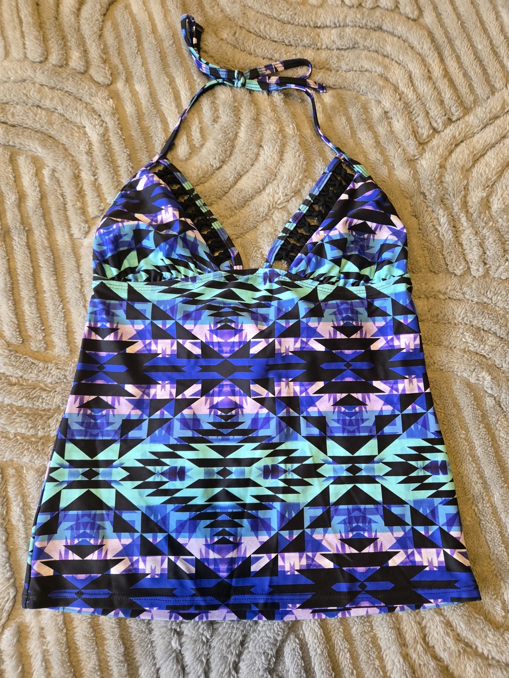Geometric Print Halter Tankini Top - Teal, Blue, Black, Purple Size M